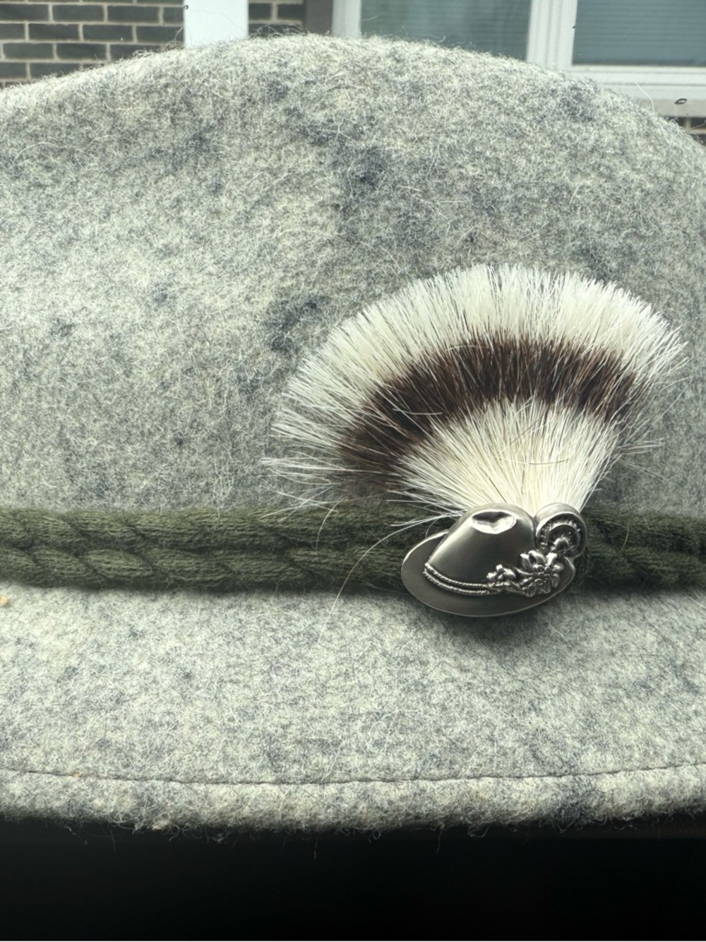 Men's Gray Wool Alpine Hat with Olive Braided Band and Feather Pin Accent